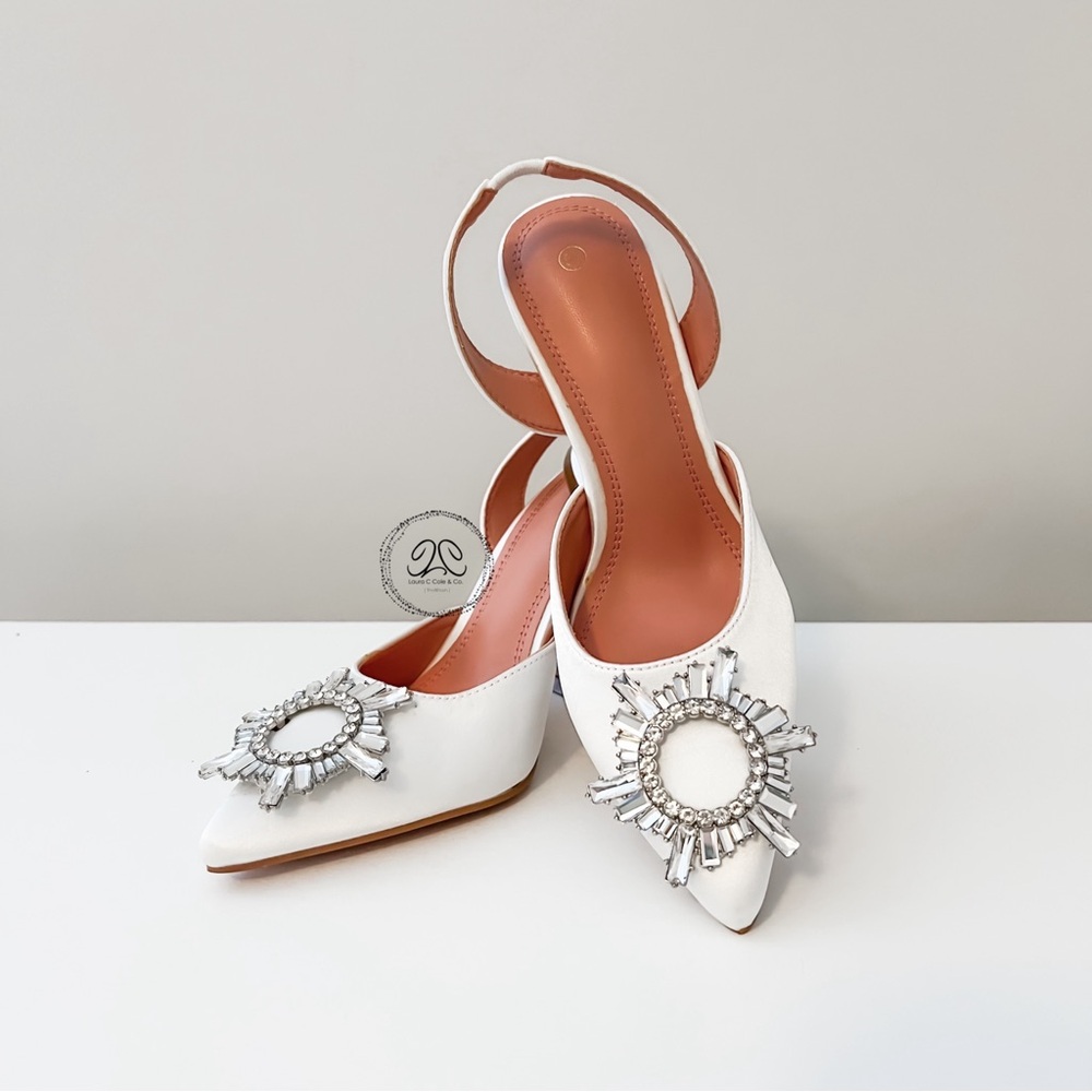 STUNNING rhinestone sling back heels. 5.5. White satin heels. Wedding shoes.